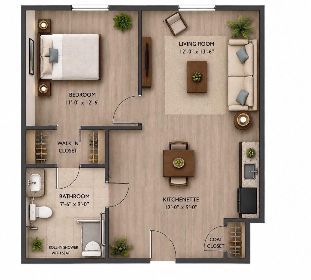 Detailed floor plan of a 1-bedroom apartment with living room, kitchenette, and bathroom.
